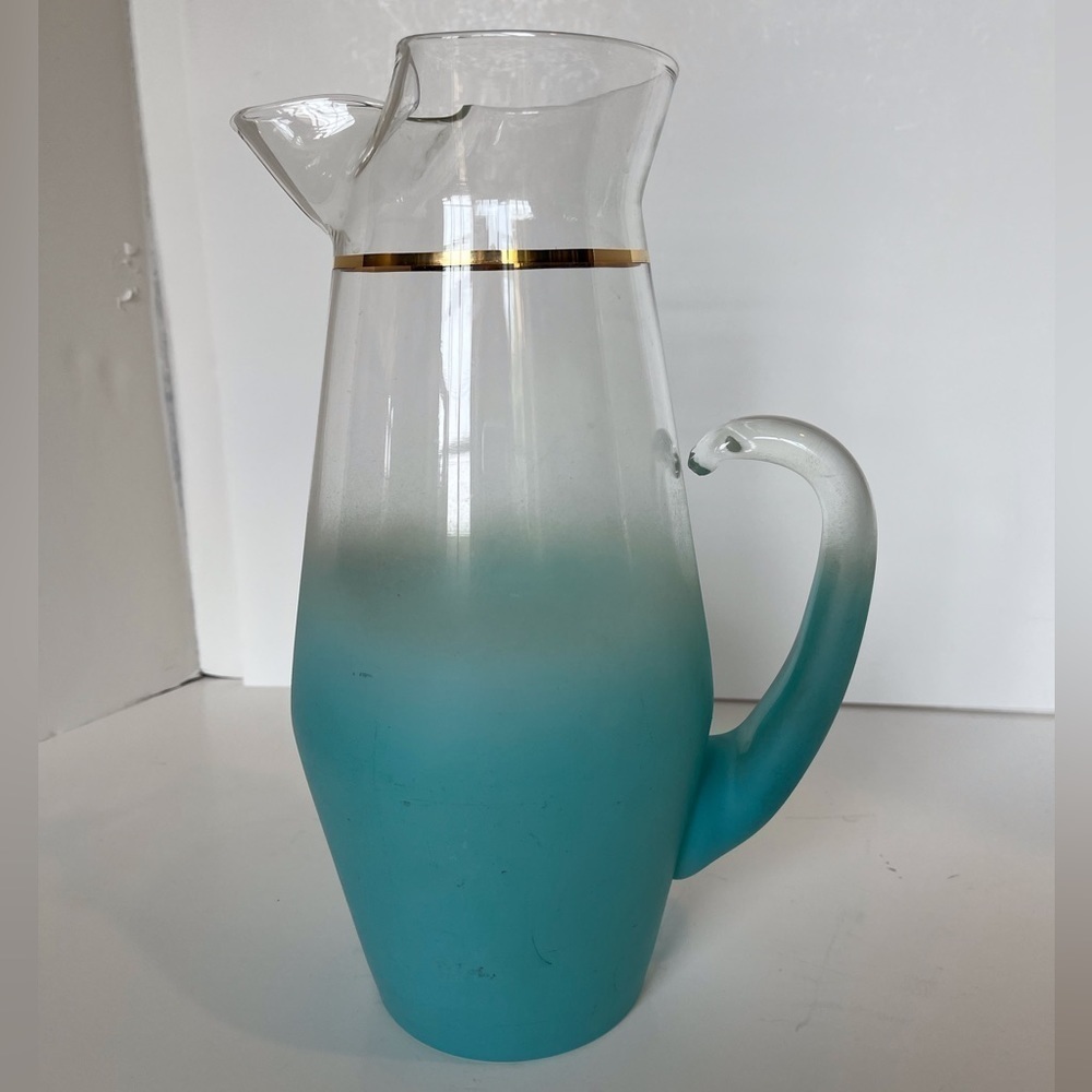 Mid-Century Modern Blendo Pitcher Frosted Blue/Aqua Color with Gold Trim